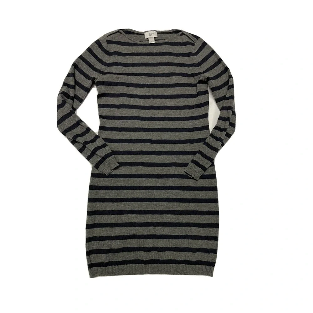 Ann Taylor Loft Gray Navy Blue Stripe Merino Wool Sweater Dress Sz S‎ SI16
